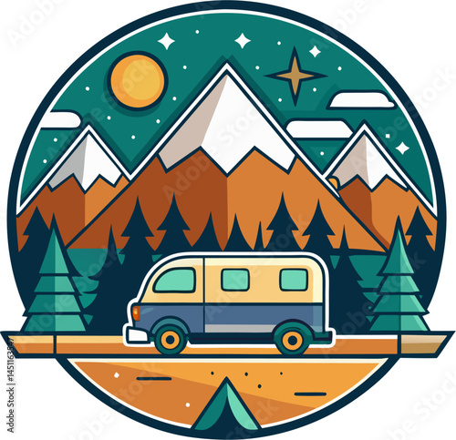 A camping van is parked on a road with mountains, trees, a tent, the moon, and stars in the background.