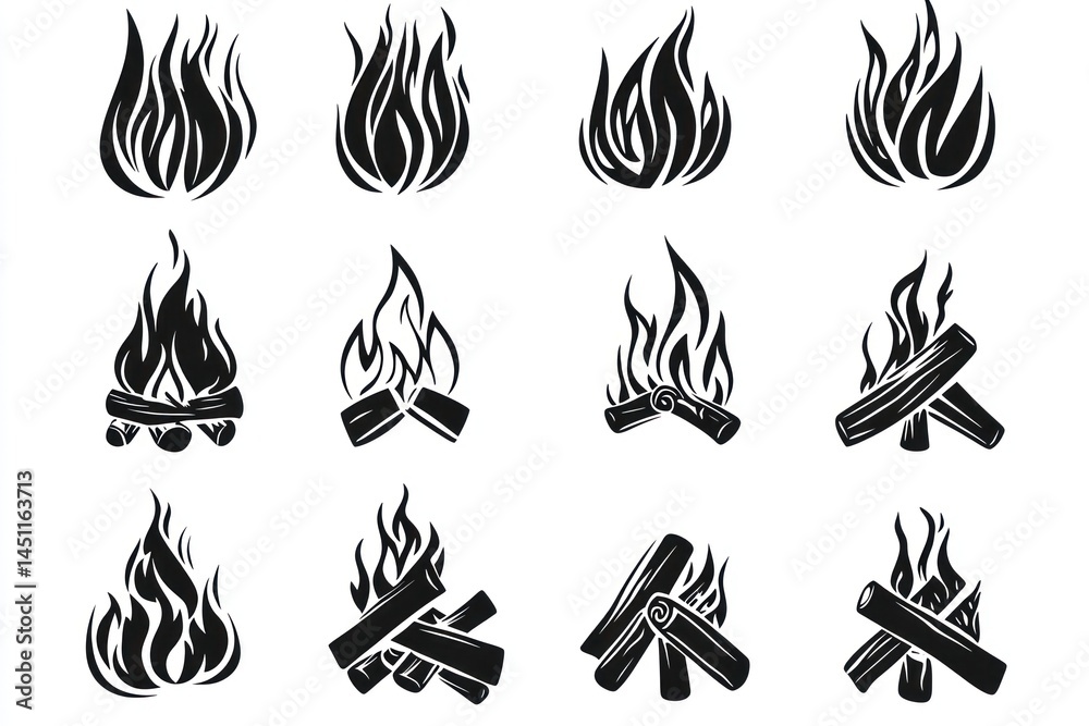 Fototapeta premium Campfire flames icons; wood burning; outdoor recreation; white background; design elements
