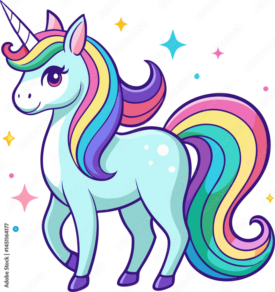Fototapeta premium A cute, light blue cartoon unicorn with a rainbow mane and tail, and a sparkling horn.