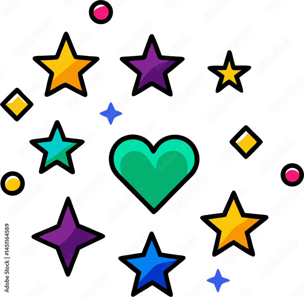 A playful arrangement of colorful stars, diamonds and a green heart shape.