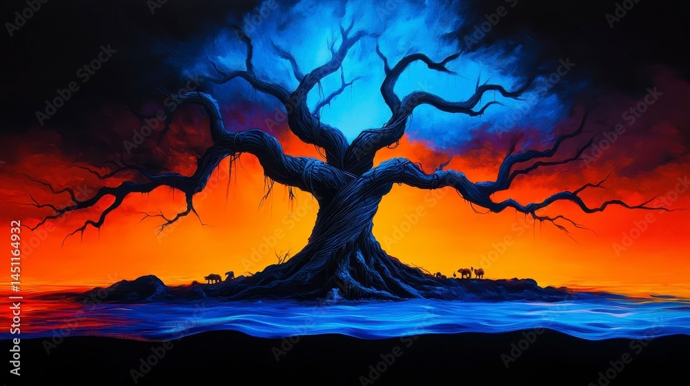 A surreal landscape featuring a giant tree with twisted branches under a vibrant sunset and dark sky, reflecting on calm waters. A surreal landscape featuring a giant tree with twisted branches under a vibrant sunset and dark sky, reflecting on calm waters.