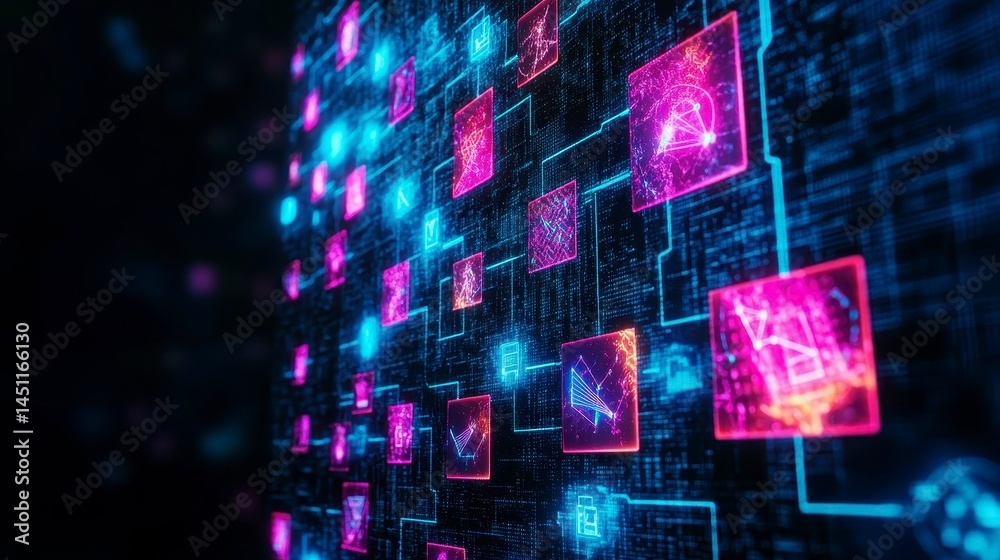 A mesmerizing display of vibrant neon squares interconnected with glowing circuits, representing the fusion of technology and digital innovation A mesmerizing display of vibrant neon squares interconnected with glowing circuits, representing the fusion of technology and digital innovation