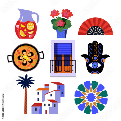 set of andalusian color vector icons and symbols