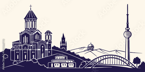 Tbilisi skyline silhouette vector including Narikala Fortress, Holy Trinity Cathedral, Peace Bridge, and Mtatsminda Park.
