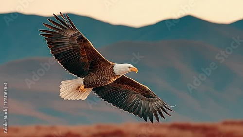 Bald eagle soaring over mountainous landscape
