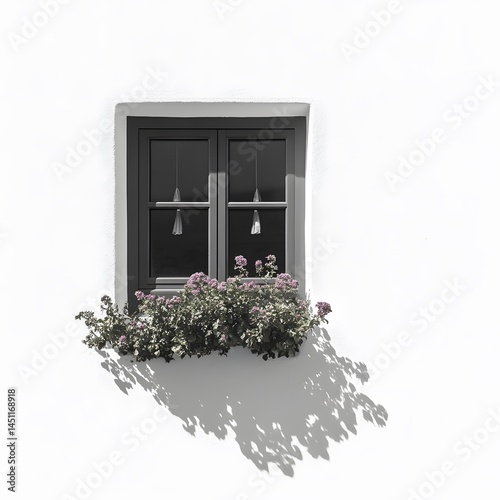 Charming Grey Window with Blooming Flowers on White Wall