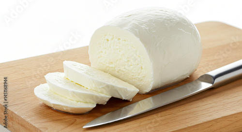 Block of mozzarella cheese display on a wooden cutting board. It's partially sliced, with a few slices lying beside the main block. A knife is positioned next to the cheese.
