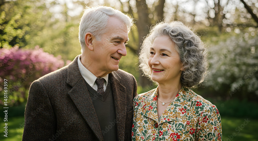 A loving senior couple shares a tender moment, smiling and gazing at each other in a garden. A loving senior couple shares a tender moment, smiling and gazing at each other in a garden.