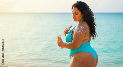 Plus size woman with curly hair wearing a turquoise swimsuit, standing on a beach. She is holding an orange sunscreen bottle and applying it on her body. photo