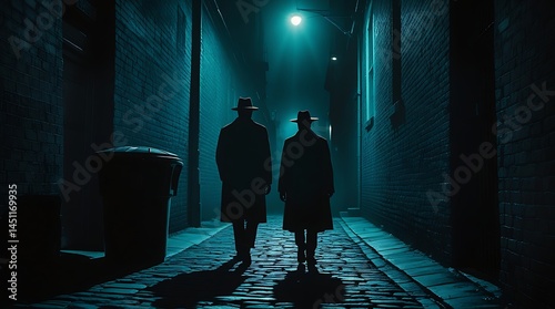 Silhouetted individuals in an atmospheric, narrow urban alley with a film noir aesthetic — moody lighting, dramatic shadows, and a strong sense of mystery and suspense

