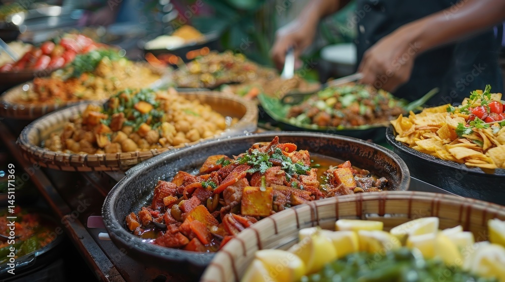 Fototapeta premium Diverse array of food dishes in a street food market