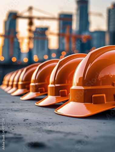 Row of orange safety helmets neatly lined up on a construction site with cranes and high-rise buildings in the background, symbolizing teamwork, safety, and urban development
