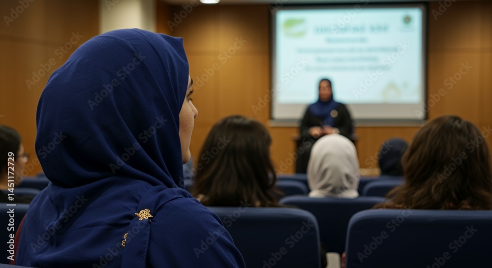 Conference Attendee in a Blue Hijab, Focused on Presentation Conference Attendee in a Blue Hijab, Focused on Presentation