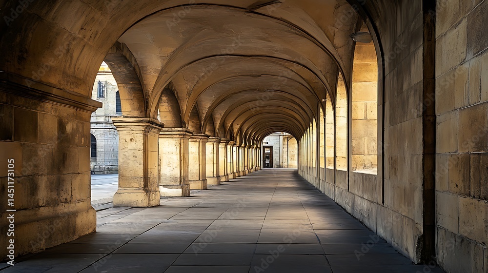 Sunlit Stone Arcades: A Serene Passageway Sunlit Stone Arcades: A Serene Passageway