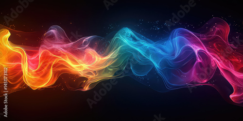 Abstract colorful smoke effect flowing horizontally across a dark background with small particles