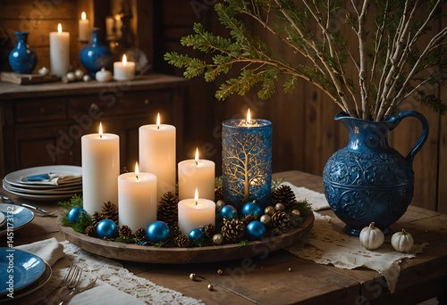 Dusk Interior Setting with White Candles and Blue Vase