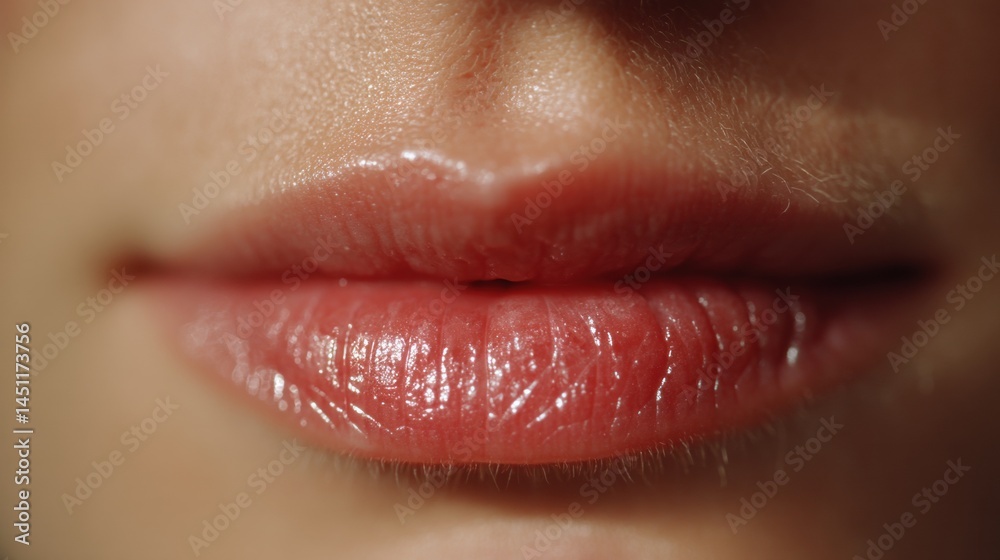Fototapeta premium Close-up view of glossy, well-defined lips with a natural pink tone, showcasing a smooth texture and subtle shine, highlighting the beauty and care of lip cosmetics.