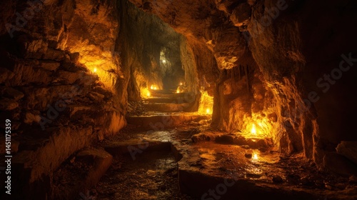 An atmospheric underground cave illuminated by flickering candles, casting a warm glow that reflects off the rugged stone walls. The rocky terrain creates a mysterious and inviting pathway leading dee