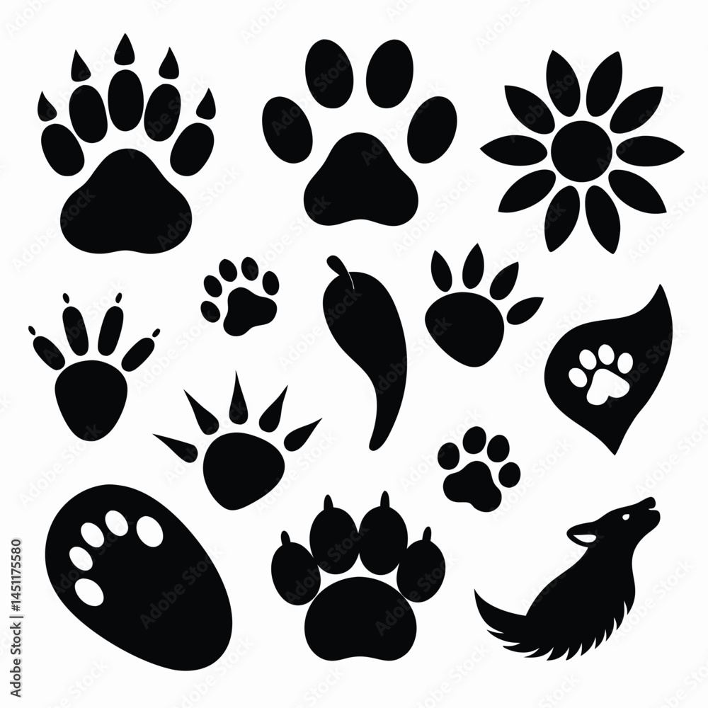 Fototapeta premium Generate a collection of black footprints representing various animal species.