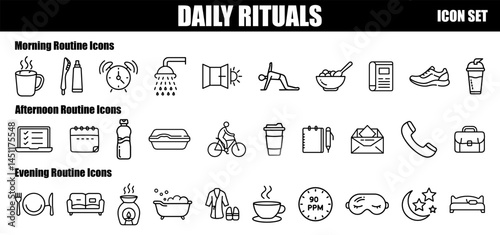 A black and white icon set titled "DAILY RITUALS," divided into morning, afternoon, and evening routines, illustrating common daily activities.
