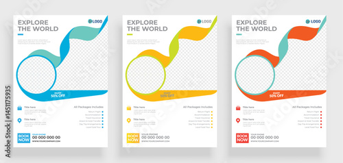 Book Cover, Brochure & Flyer designs with various shapes like round, triangular etc. and customizable colors like off-white, green, sky blue, pink, orange, blue etc.