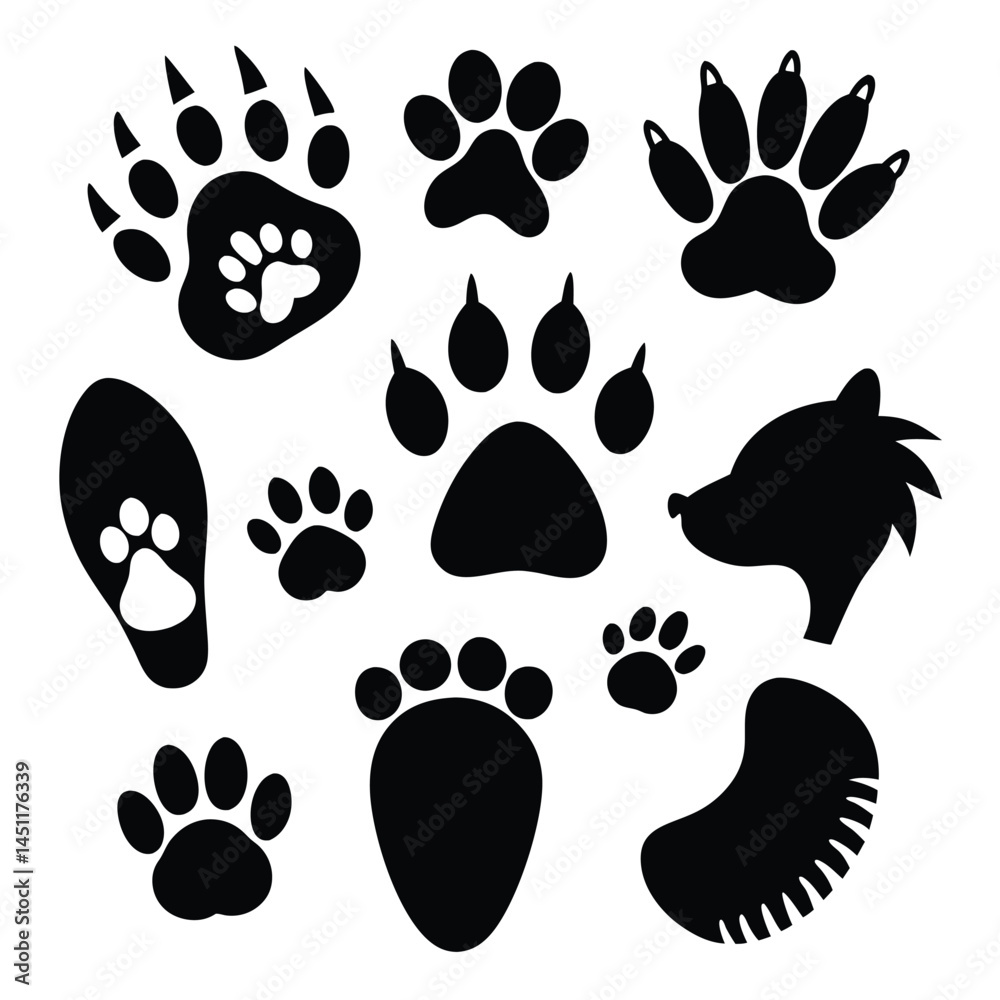 Fototapeta premium Generate a collection of black footprints representing various animal species.