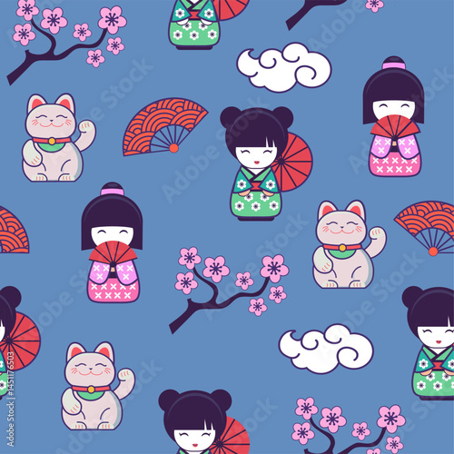 blue seamless japanese style vector pattern