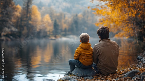 Father and Son by Lake During Fall Season