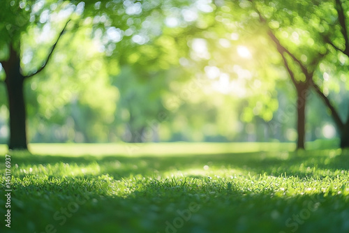 Serene park scene with blurred trees and vibrant green grass bathed in sunlight
