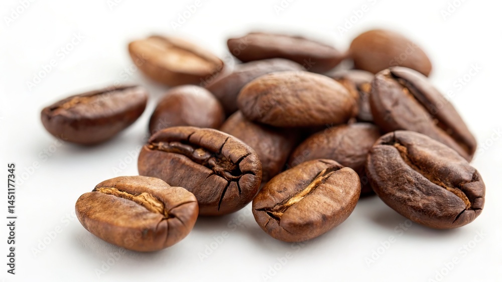 Macro shot of coffee beans with rich textures spread on a clean white background. Macro shot of coffee beans with rich textures spread on a clean white background.