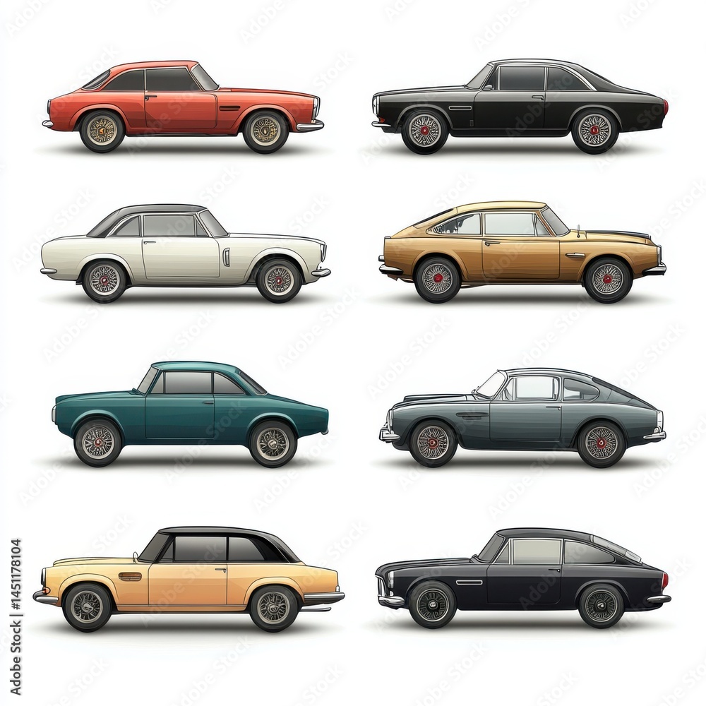 Fototapeta premium Vintage cars side profile illustrations