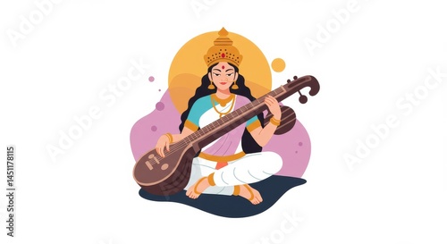 Illustration of goddess saraswati playing veena for religious festivals photo