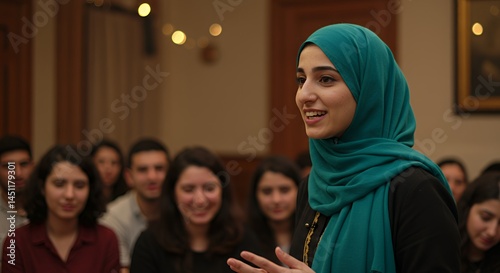 Young Woman Giving a Presentation in Teal Hijab