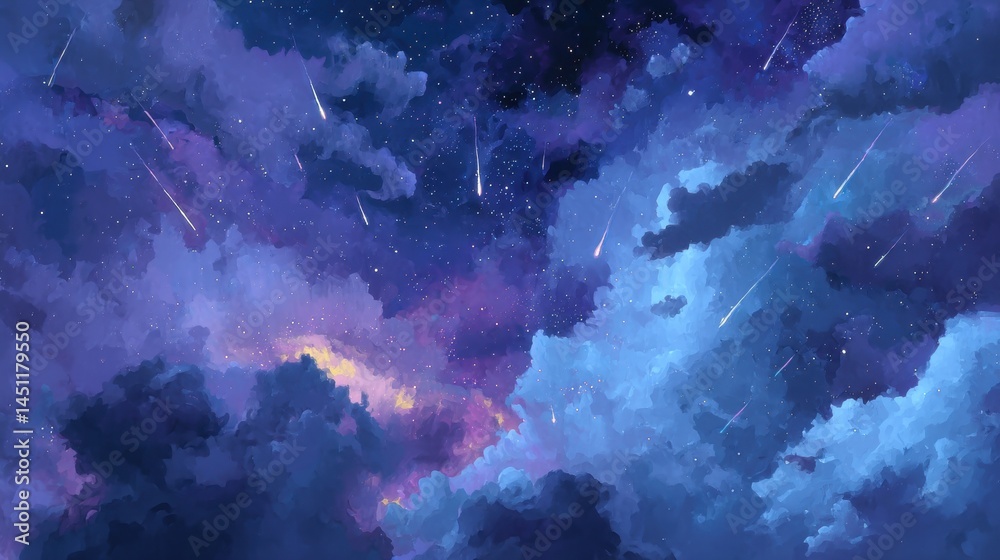 Obraz premium A stunning digital illustration of a starry night sky, featuring a blend of deep purples, blues, and hints of orange. The clouds are thick and fluffy, creating a captivating foreground against the bac