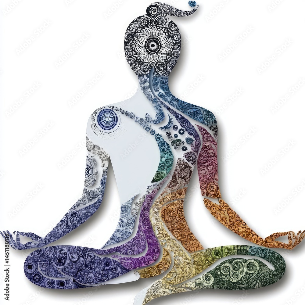Obraz premium A unique design features a meditative figure composed of intricate swirling patterns in various colors, symbolizing tranquility. This artwork conveys a strong sense of balance and mindfulness