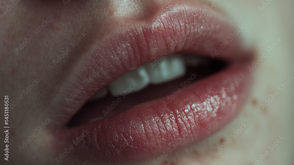 Close-up of a pair of slightly parted, glossy lips, showcasing a soft, natural pink hue. The focus is on the texture of the lips, with visible details such as subtle moisture and the contours of the m Close-up of a pair of slightly parted, glossy lips, showcasing a soft, natural pink hue. The focus is on the texture of the lips, with visible details such as subtle moisture and the contours of the m