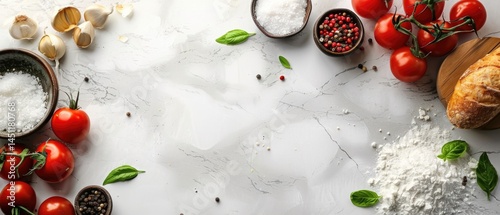 Italian ingredient including vegetable and food on colorful textured background. Flat lay composition for culinary and cooking design. Minimalistic concept. Top down view of fresh vegetable. AIG55.