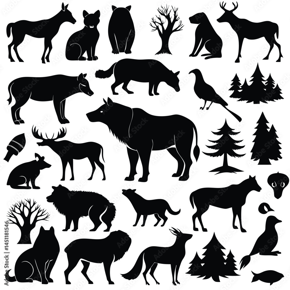 Obraz premium Generate a diverse collection of black silhouette icons representing various wild mammals, including bears, wolves, deer, and bison with white background