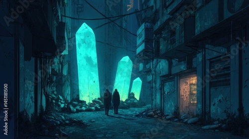 A mysterious alleyway showcases vibrant, glowing turquoise crystals rising against aged, dilapidated buildings. Two silhouetted figures walk down the path, surrounded by debris and overgrown vegetatio