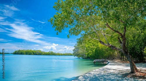 Serene Tropical Beach Landscape Sunny Sky Tranquil Waters Lush Green Mangrove Trees Peaceful Idyllic Coastal Scene Summer Vacation Paradise Island Exotic Nature          