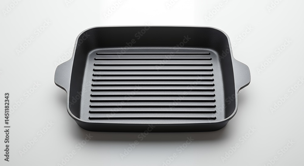 Isolated square grill pan with ribbed surface and handles on white backdrop Isolated square grill pan with ribbed surface and handles on white backdrop