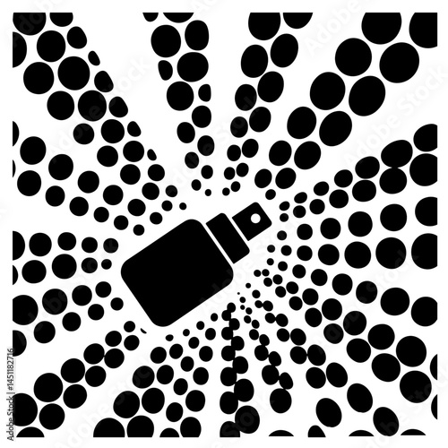 Black perfume bottle spraying fragrance, abstract dotted background, vector illustration.