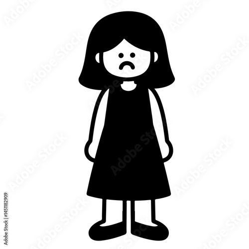 Sad girl in black dress, vector illustration. Simple flat style. Black and white.