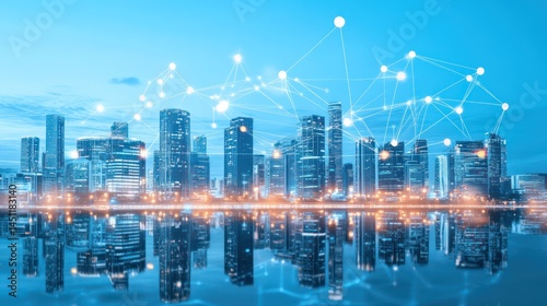 Modern cityscape connected by digital network, reflecting in calm waters
