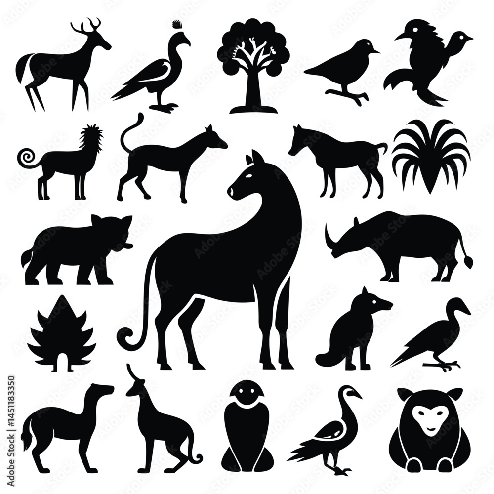 Fototapeta premium Generate a diverse collection of minimalist black silhouette icons representing various animals with white background