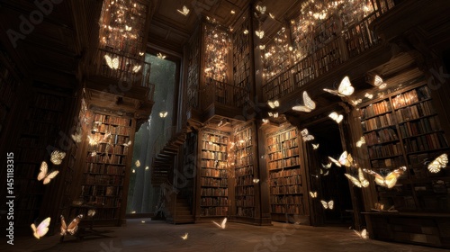 A mesmerizing and whimsical library filled with towering bookshelves illuminated by soft, glowing lights. Ethereal butterflies flutter throughout the space, creating a magical atmosphere. The library 