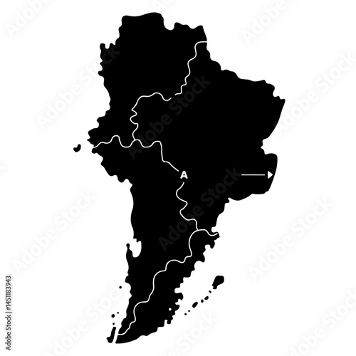 A black silhouette map of Chiloé Island, Chile, showing its main features and internal borders.