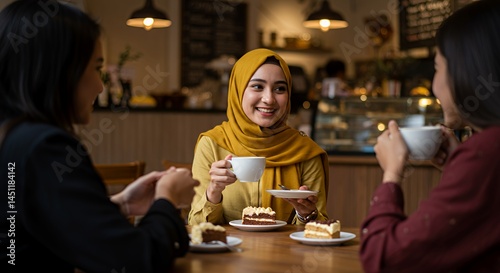 Three Women Enjoying Coffee and Cake at a Cozy Cafe