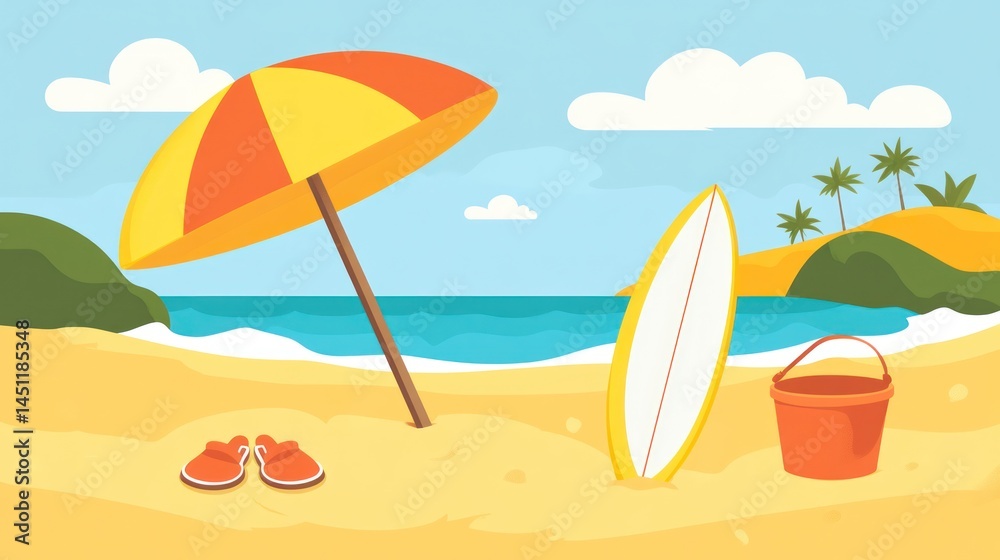 Obraz premium Beach scene, summer, umbrella, surf