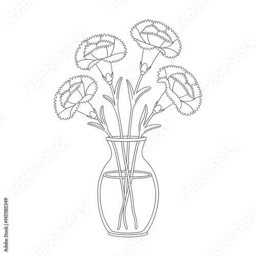 A black and white carnations inside the vase illustration line art of a coloring page